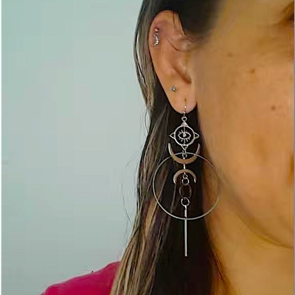 Silver Exaggerated Evil Eye Vintage Moon Punk Statement Geometric Earrings - Picture 8 of 9